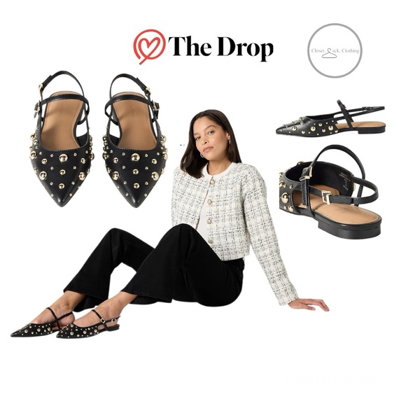 The Drop Shoes - The Drop Tammie Pointed Toe Black Studded Slingback Flats